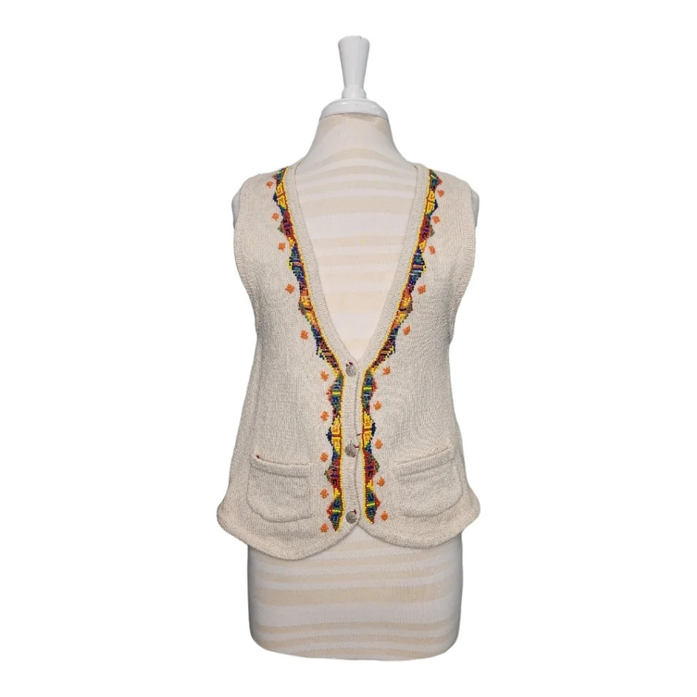 Vintage I.V.Y. Sweater Vest Rainbow Beading Cream V Neck Button Up Size M - Picture 4 of 11